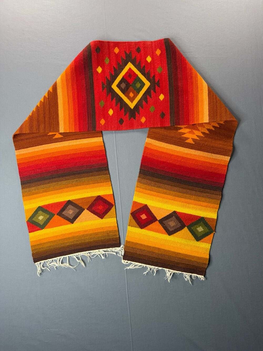 Vintage 68x11” Hand Woven Southwestern Wool Table Runner Geometric Aztec Design - Picture 3 of 4